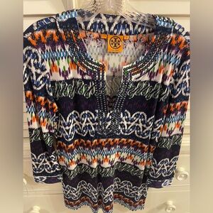 Tory Burch Multicolor Printed Beaded Split-Neck Women's Tunic